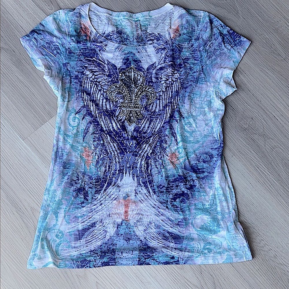 Crystal Saint Women's Tissue Tee/Top Blue/Purple Fleur de Lis Y2K Rhinestones
